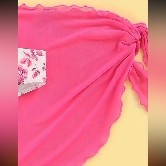 3pc Pink Floral Halter Triangle High Cut Bikini Set with Cover Up - Picture 4 of 6